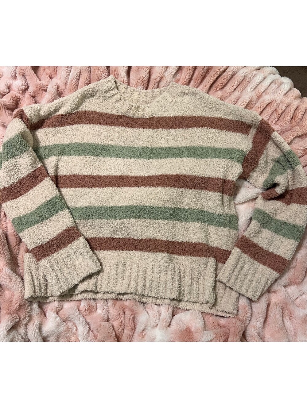 Altar’d State Striped Fuzzy Knit Sweater Medium Cream Sage Brown Cozy Boho